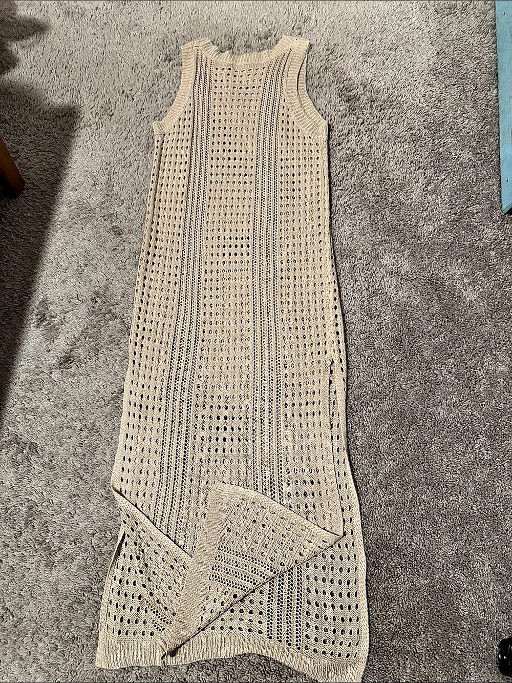 Commense Side Slit Crochet Hem Sleeveless Knit Maxi Dress Beige